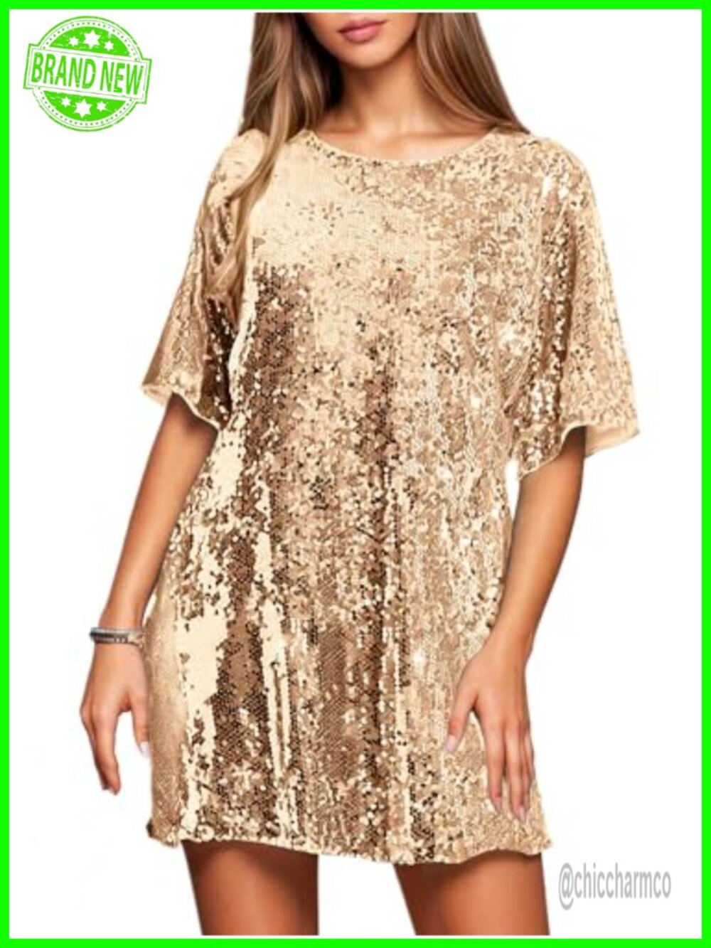 Sequin V Neck Shift Dress Sparkly Half Sleeve Party Club Cocktail